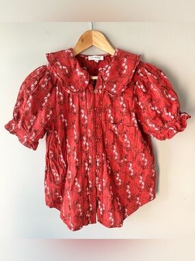 Bohme red floral peasant-style puff sleeve button-up blouse size small - boho